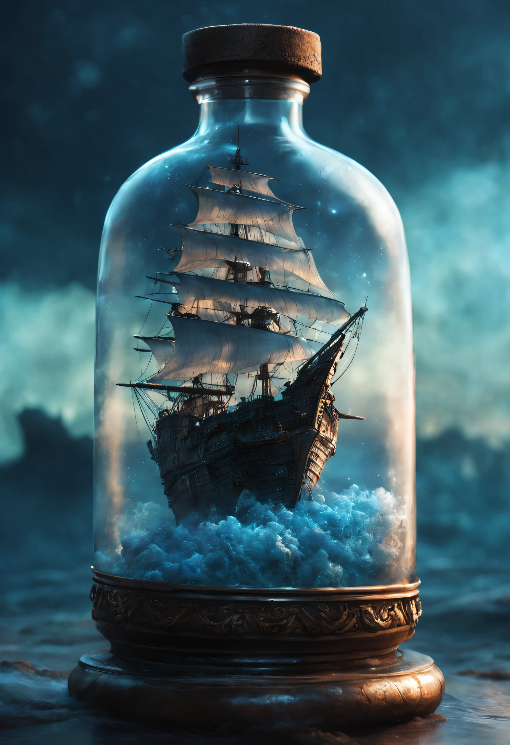 a glass bottle on its side containing a translucent blue nebula Sea and Majestic Pirate Ship, ethereal, Cinematic, backlit, eerie Trending on Artstation, ultra detailed, matte painting, photo, arnold renderer Imported for testing. Come back. Creative and then upbeta.