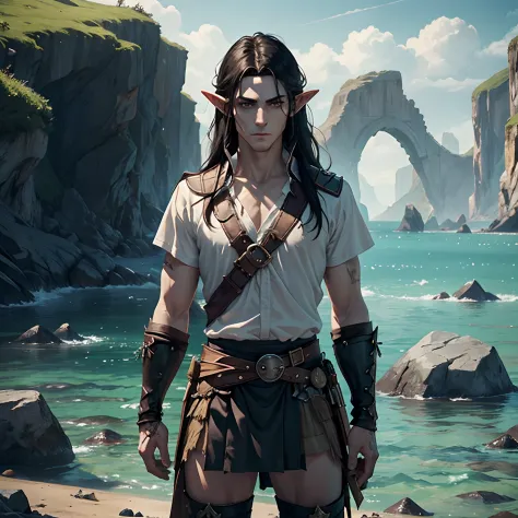 Lonely male elf. a pirate. ah high. pale skin. Long black hair. A manly face. scar on face. without a beard. white  shirt. leath...