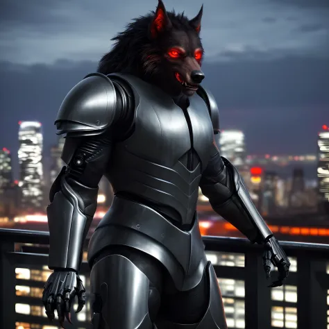 (best quality,4k,8k,highres,masterpiece:1.2),ultra-detailed,(realistic,photorealistic,photo-realistic:1.37),a werewolf wearing a cyborg armor, cityscape in the background with a blurred effect, looking at the viewer, eyes glowing red