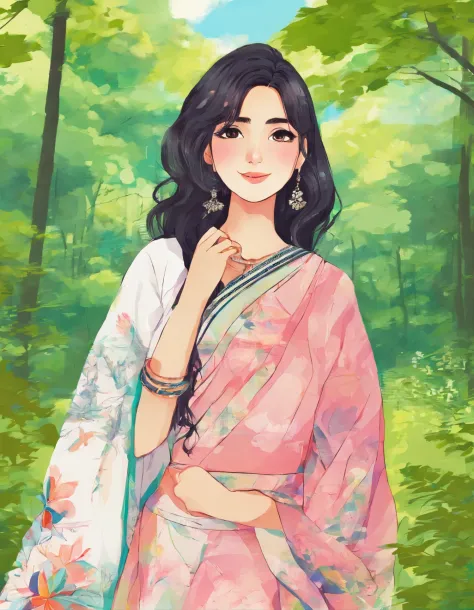 A 20 year old indian girl model inspired by korean face, cute smile, photoshoot, forest background, wearing saree