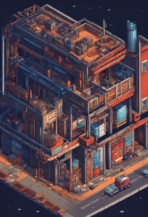 modern day，A little dark，Inside an aging factory，low illuminance，((Side))、Pixel art、dilapidated building