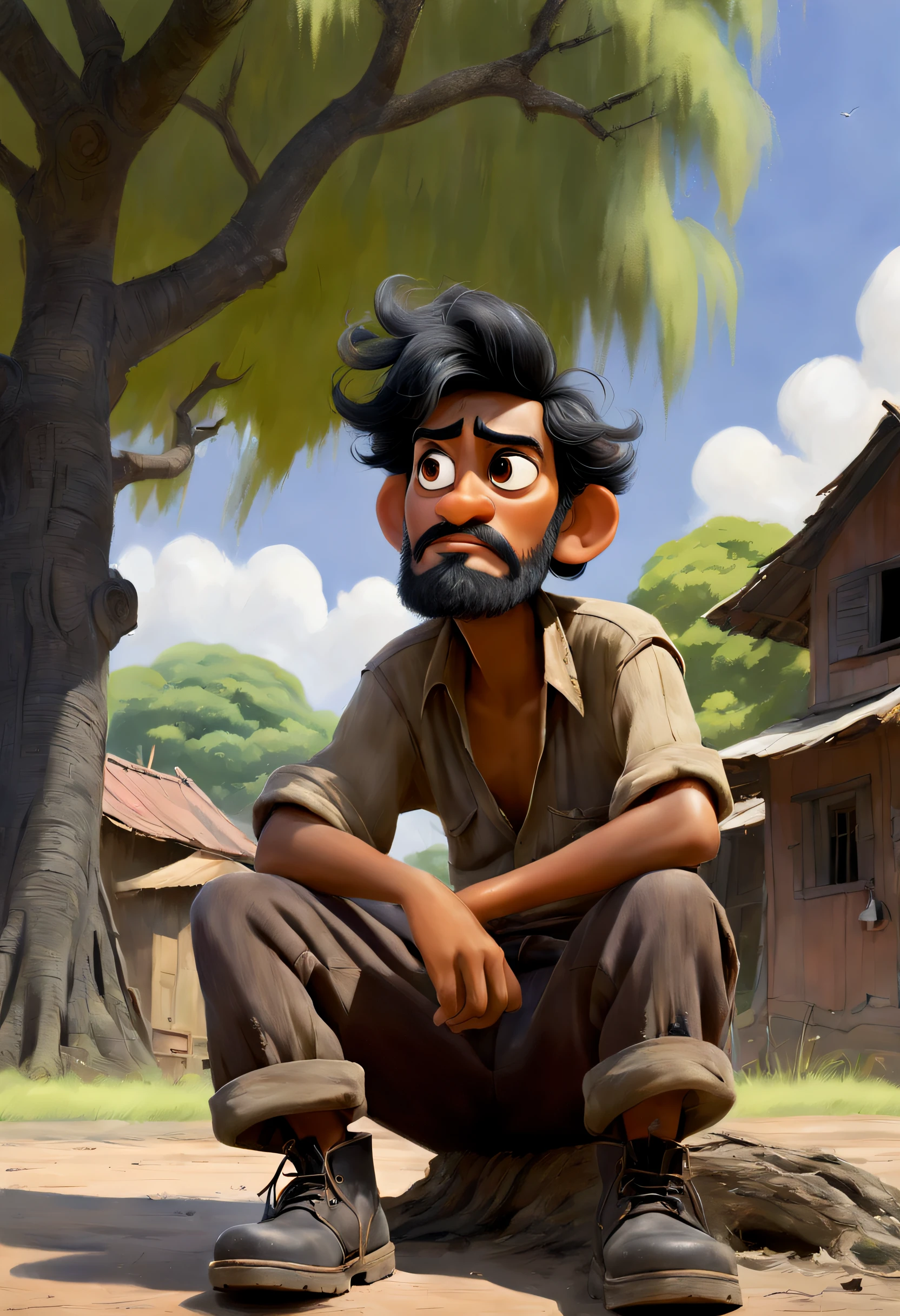 (Disney Pixar style:1.1), Full body shot, A painting of a lazy villager, Narayana Prabakala, Looking up, disheveled black hair, Messy Blackbeard, Against the background of the village, (sitting under a tree:1.15), Wearing a dark brown torn shirt and tattered gray pants, Dusty black work boots, at summer afternoon