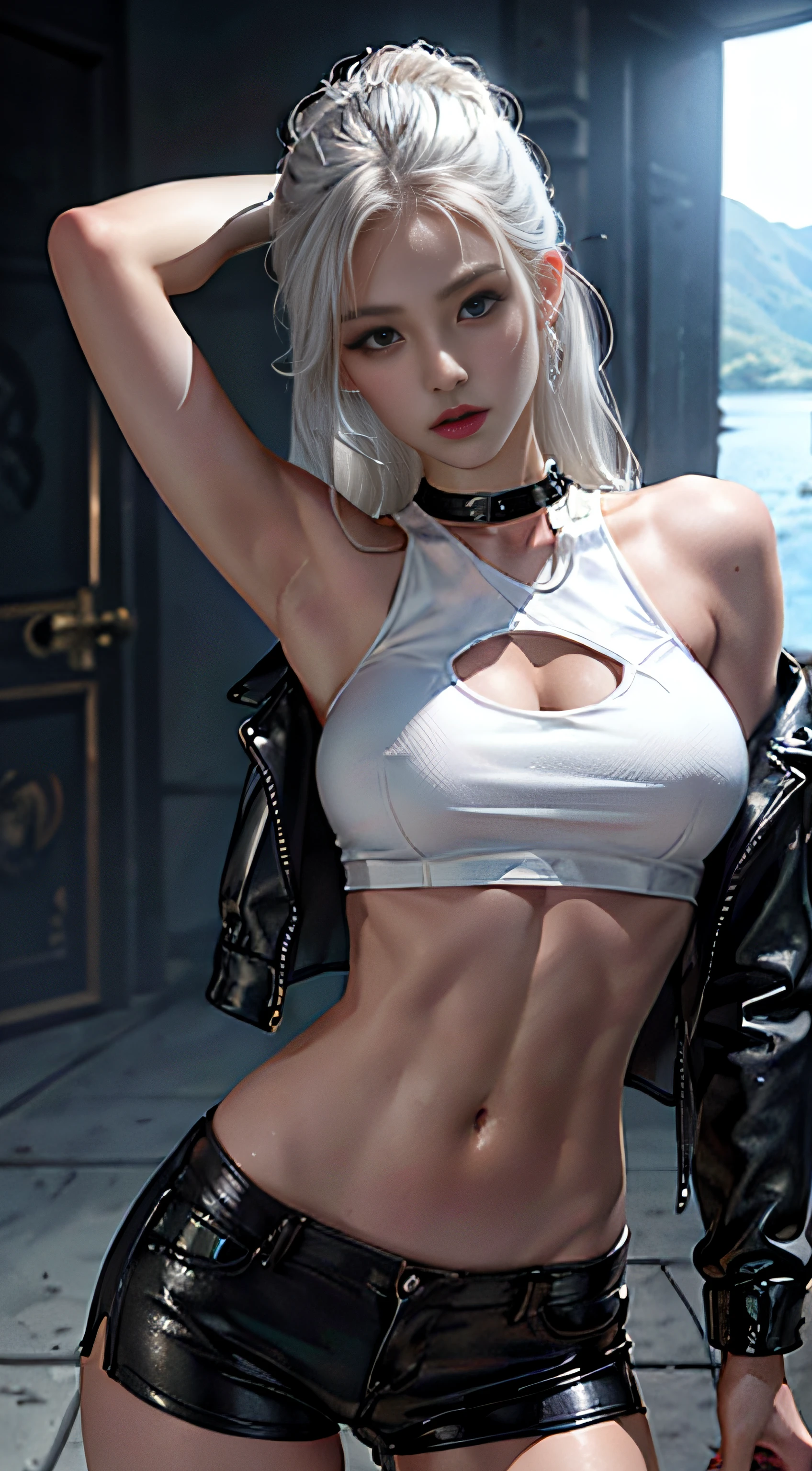 finely detailed beautiful eyes, overhead view, 1 woman, wide shot, white crop top, leather short shorts, black shorts, leather jacket, open shoulders, silver hair, long hair, detailed background, abs, black shorts, sweat, day, sky, shiny, sun, lake