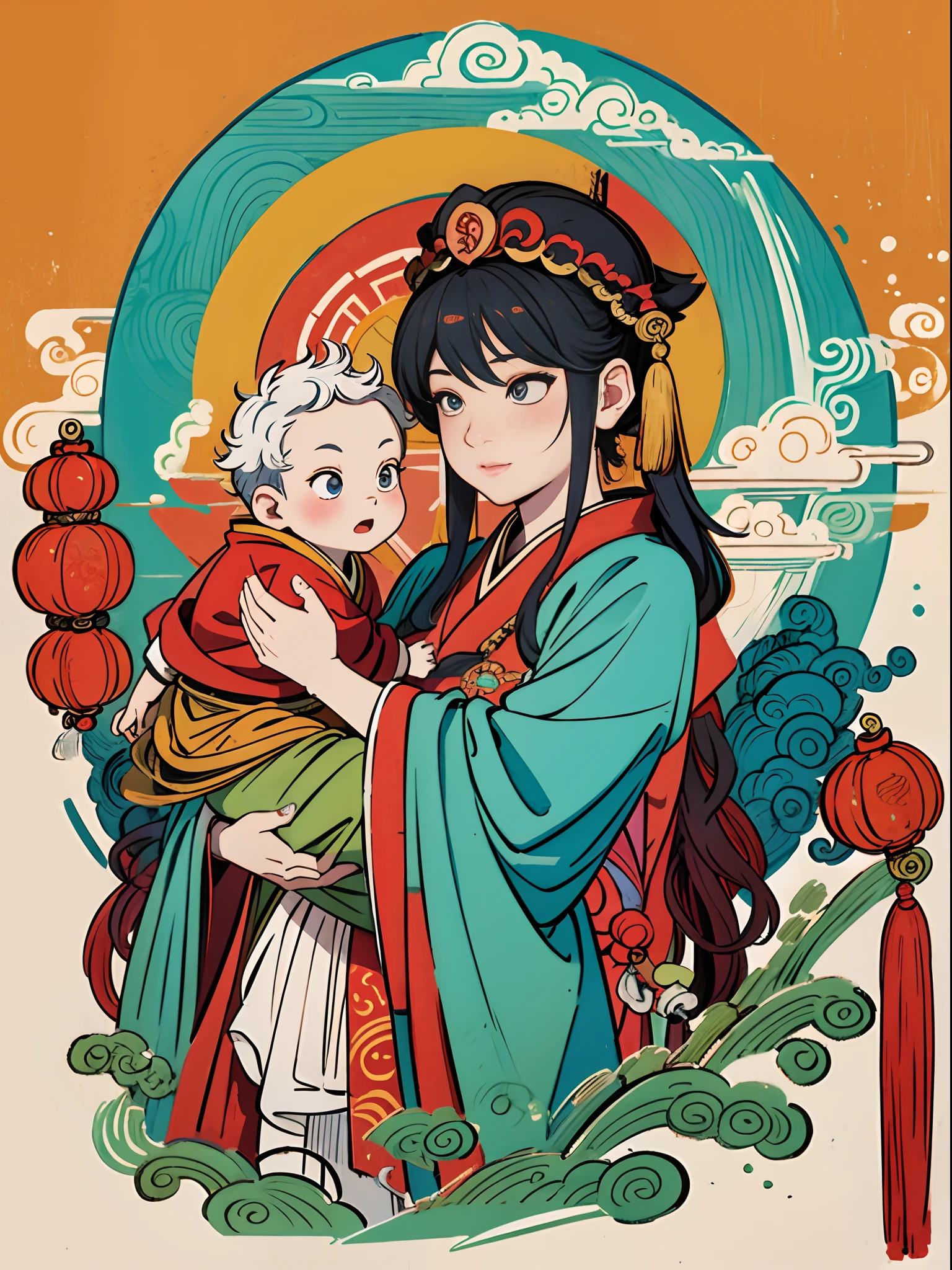 ภาพวาดของหญิงสาวสวยอุ้มเด็กผู้ชายไว้ในอ้อมแขนของเธอ, ชนะ, ชนะ of the southern seas, เด็กทารกสวมเสื้อคลุมสีแดง, โดย Chen Jiru, โดย เหวิน โบเรน, หมึกจีนและภาพวาดล้าง, โดย หวัง ลือ, เจ้าแม่จีนโบราณ, โดย คูเล่เล่ย, ภาพประกอบปากกาพู่กันจีน, แรงบันดาลใจจากจางเซดวน, แรงบันดาลใจจาก Kaigetsudō Anchi, ที่จับลูกประคำ, ดวงตาอยู่ที่กล้อง,