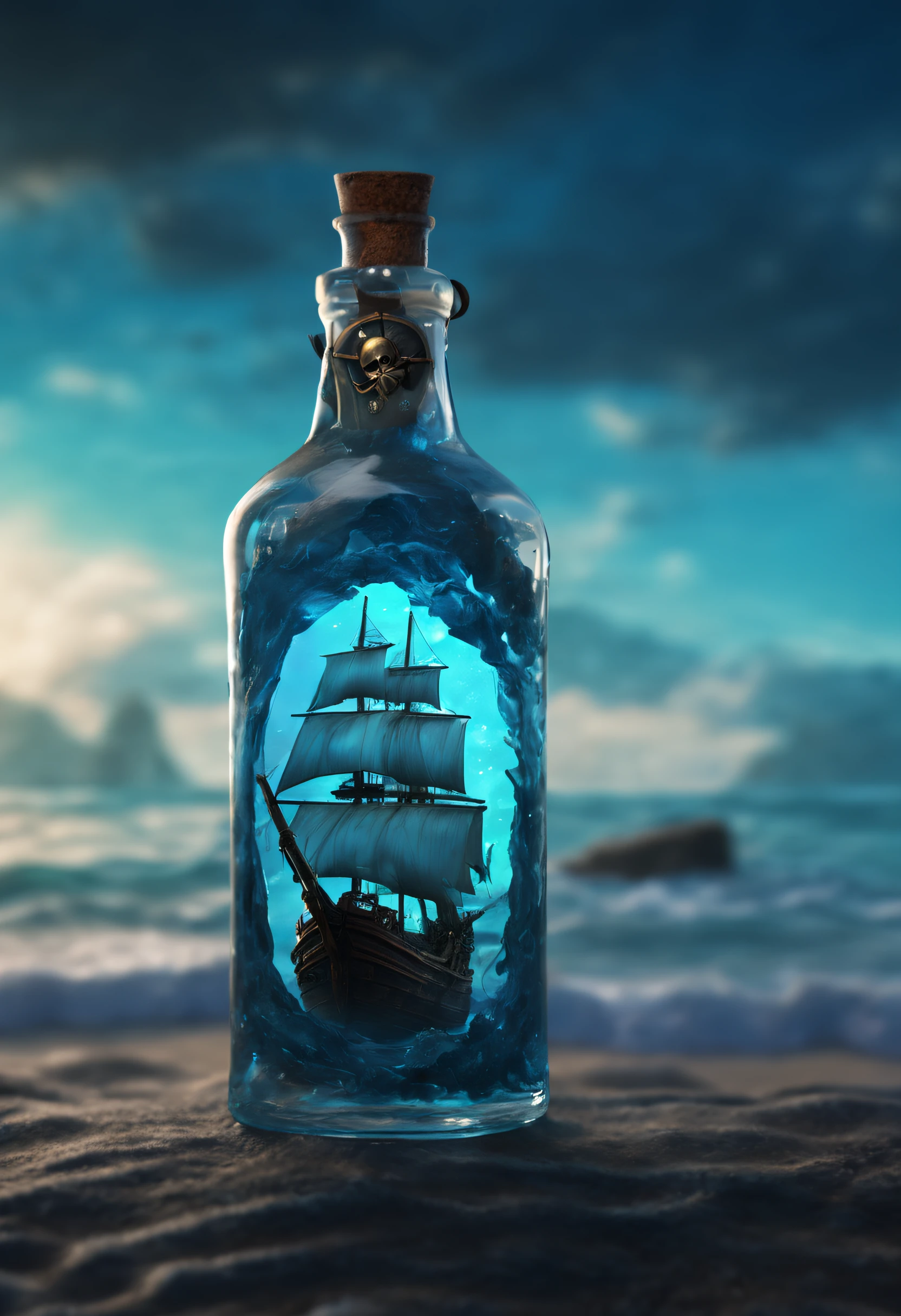 a glass bottle on its side containing a translucent blue nebula Sea and Majestic Pirate Ship, ethereal, Cinematic, backlit, eerie Trending on Artstation, ultra detailed, matte painting, photo, arnold renderer Imported for testing. Come back. Creative and then upbeta.