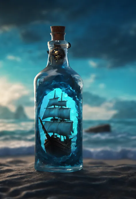 a glass bottle on its side containing a translucent blue nebula Sea and Majestic Pirate Ship, ethereal, Cinematic, backlit, eerie Trending on Artstation, ultra detailed, matte painting, photo, arnold renderer Imported for testing. Come back. Creative and t...