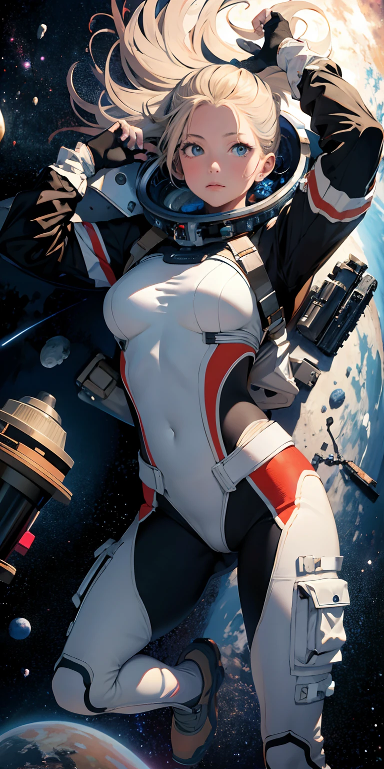 Absurd resolution, high resolution, (masterpiece:1.4), ultra-detailed, 1girl, in spacesuit, seen from above, space, floating, satellite, running pose, wide-angle lens distortion.