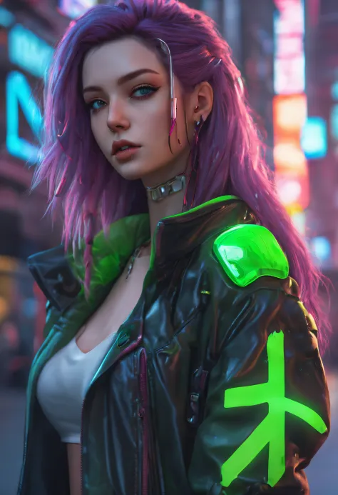 1girll, Cyberpunk Style, neonlight (Green:0.9) The letter N made of broken glass on Cyberpunk Street, Beautiful, Cyberpunk girl standing on the street, Cute cyberpunk girl, Beautiful eyes, 4K eyes, Beautiful face, full bodyesbian, Large breasts, Long (purple:0.8) Hair, Normal eyes, high resolution, elegant, Artistic, Creative, Detailed, 8K, Expressive, intricately details, Masterpiece