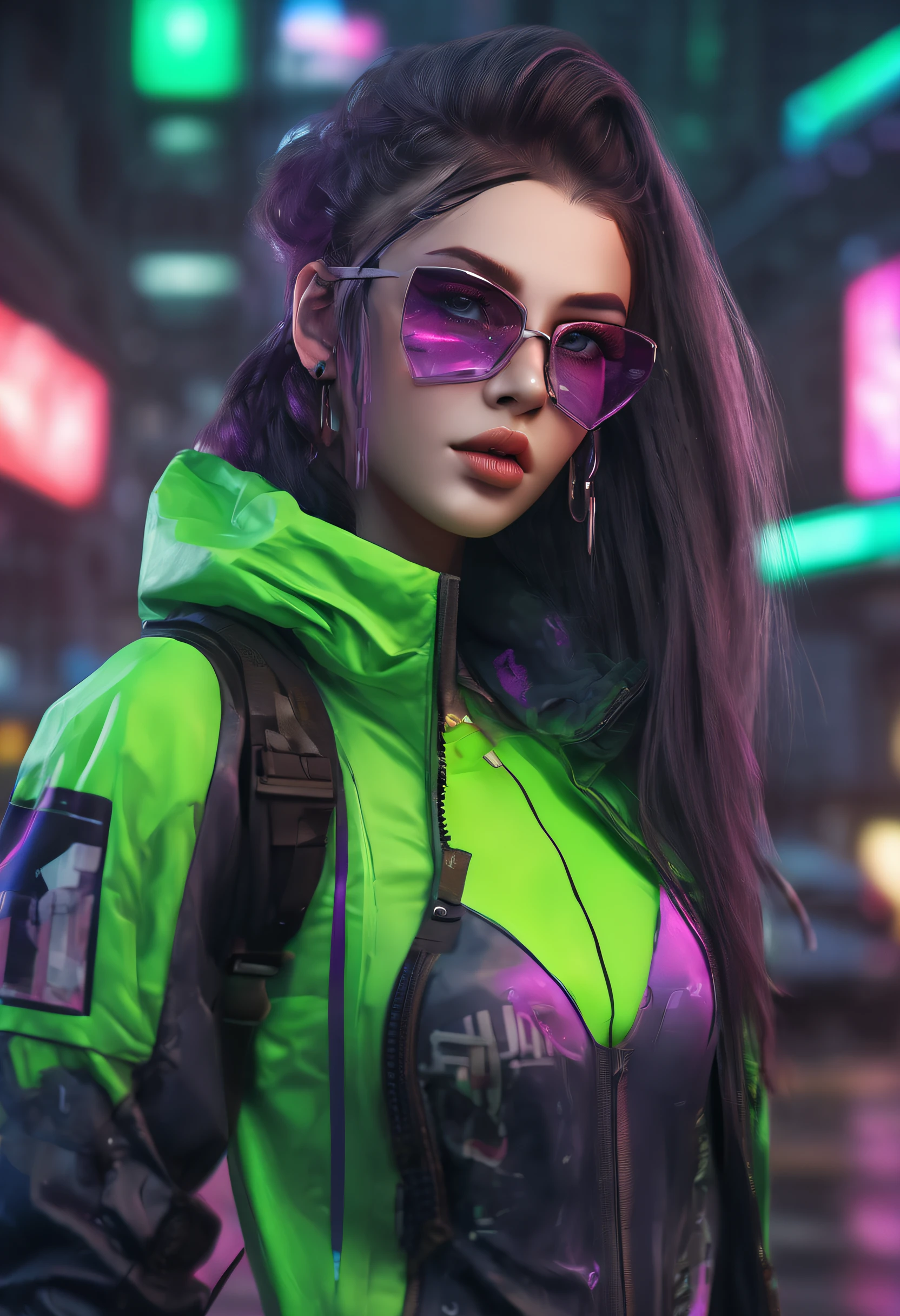 1girll, Cyberpunk Style, neonlight (Green:0.9) The letter N made of broken glass on Cyberpunk Street。, Beautiful, Cyberpunk girl standing on the street, Cute cyberpunk girl, Beautiful eyes, 4K eyes, Beautiful face, full bodyesbian, Large breasts, Long (purple:0.8) Hair, Normal eyes, high resolution, elegant, Artistic, Creative, Detailed, 8K, Expressive, intricately details, Masterpiece