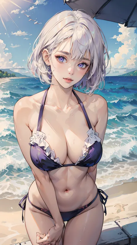 ((((masterpiece, best quality, high resolution)))), (1girl:1.5), white hair, bob cut, blunt bangs, (purple eyes: 1.5), (large breasts: 1.2), cleavage, blush, light smile, parted lips, glow, thighs, bare shoulders, collarbone, narrow waist, cleavage, (beaut...