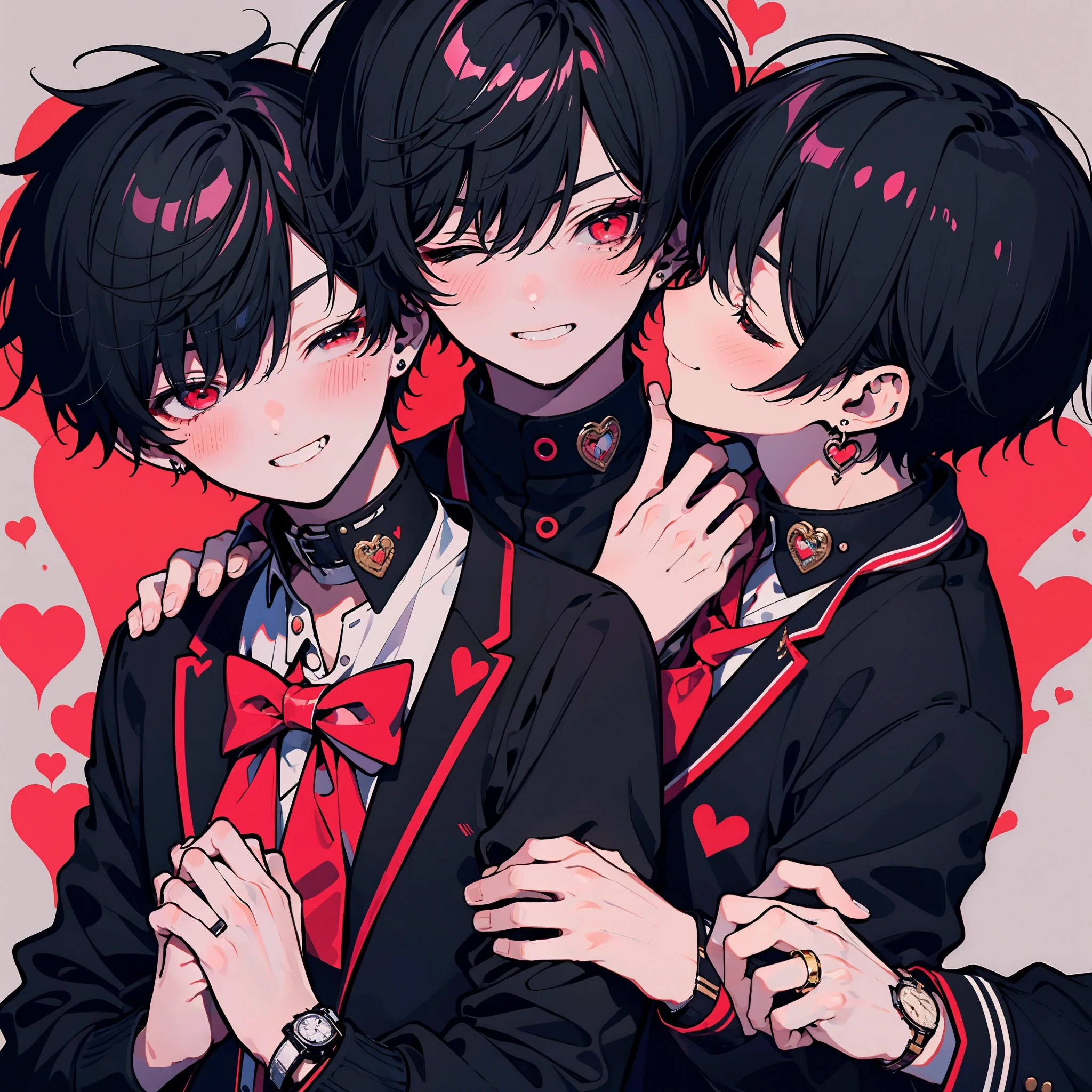 (Masterpiece), (best quality), ((super-detailed)), 2 boys, 15-years-old, handsome, gay, ((yaoi)), eye contact, hugging, heart, romantic style, school uniform, watch, school, holding each other's hands, affectionate touching, BREAK (boy1: red eyes, black hair, blush, serious) BREAK (boy2: closed eyes,  black hair, very short hair, shirt, smiling)