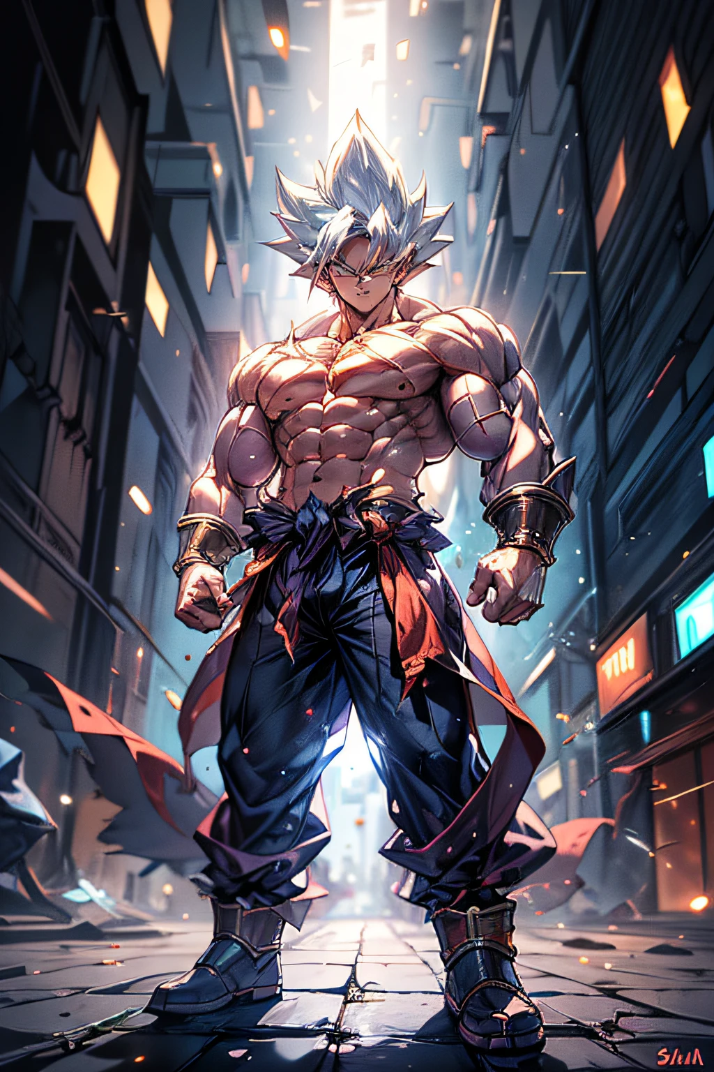 1 boy,((full body:1.2)),(stand),SAIYA,(looking at viewer),(white eye:1.2),super saiyan,(glowing hair:1.2),(urban setting:1.3),(male focus:1.1),(male muscles:1.1),(big muscle:1.1),(pectoral:1.1),(abdominal muscle:1.1),(upper body nudity:1.1),