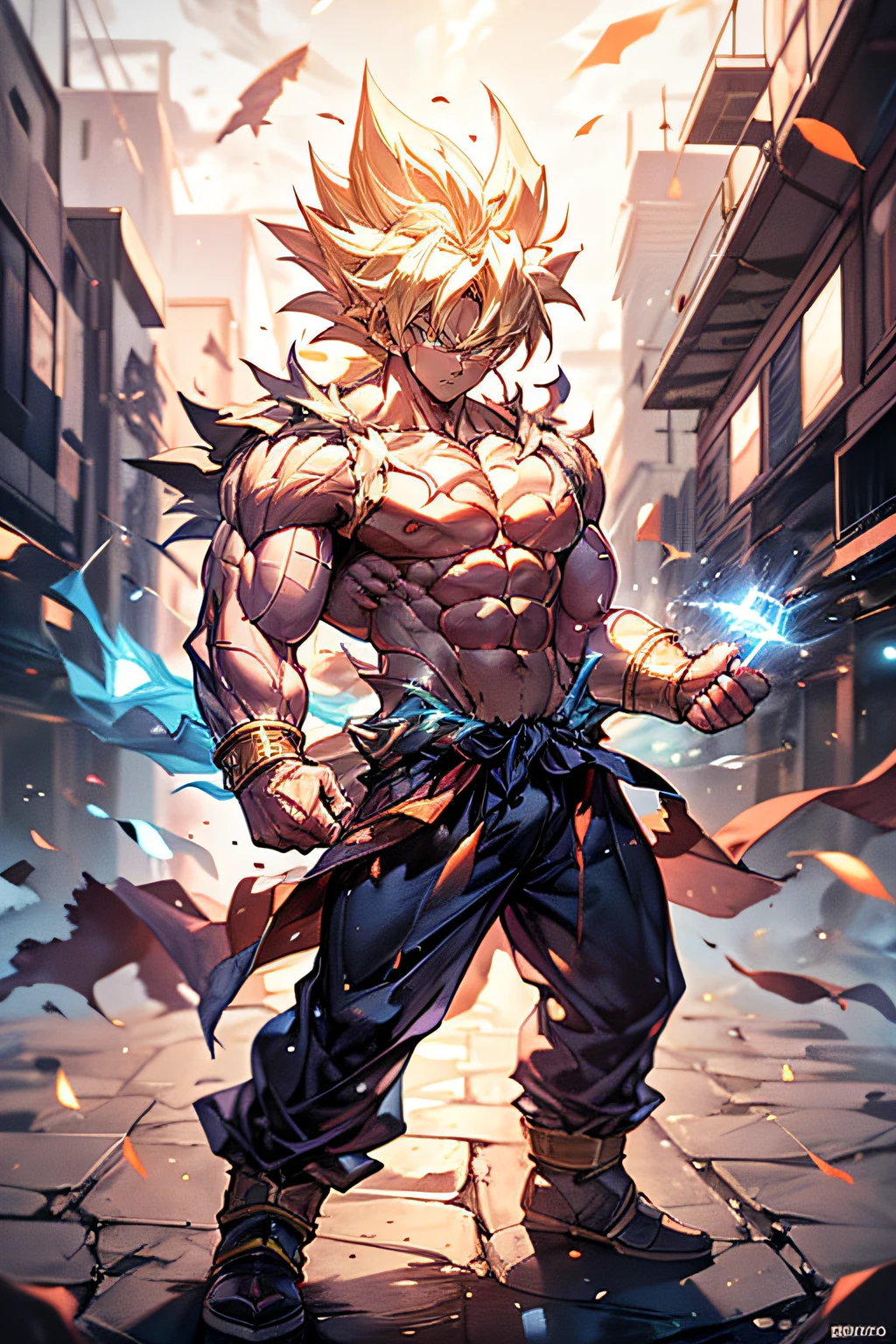 1 boy,((full body:1.2)),(stand),SAIYA,(looking at viewer),(white eye:1.2),super saiyan,(glowing hair:1.2),(urban setting:1.3),(male focus:1.1),(male muscles:1.1),(big muscle:1.1),(pectoral:1.1),(abdominal muscle:1.1),(upper body nudity:1.1),