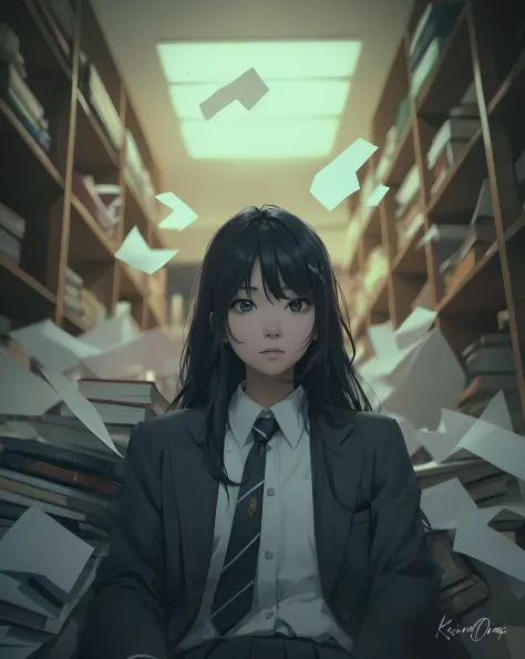 1 beautiful Korean girl, has black orange hair, beautiful eyes, sharp nose, small lips, looking at the viewer, beautiful, white skin, wearing a school uniform, blue and white striped tie, wearing a gray suit, library and book background, sitting, anime, no...