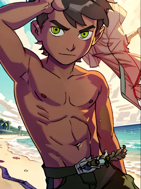 Highres, Masterpiece, Best quality at best,Best Quality, 1boy, bentennyson, green eyes, cargo pants, watch, (shirtless, topless, bare chest), close-up the body, upper body, the day, summer, (armpit)