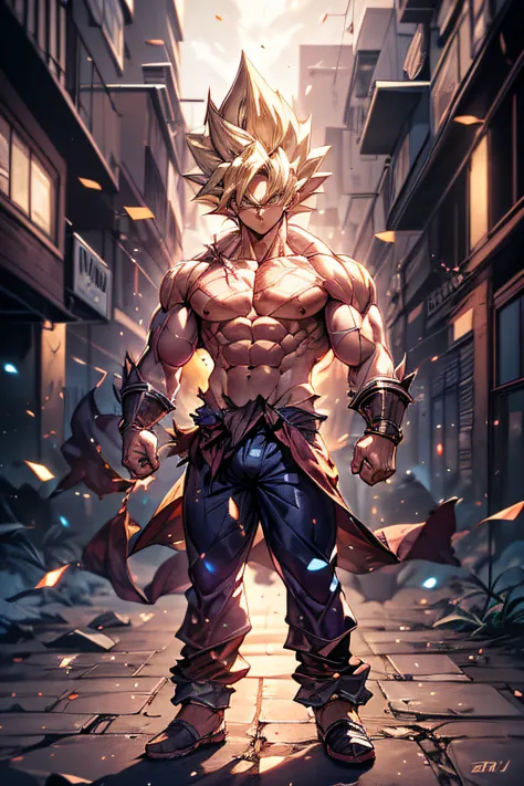 1 boy,((full body:1.2)),(stand),SAIYA,(looking at viewer),(white eye:1.2),super saiyan,(glowing hair:1.2),(urban setting:1.3),(m...