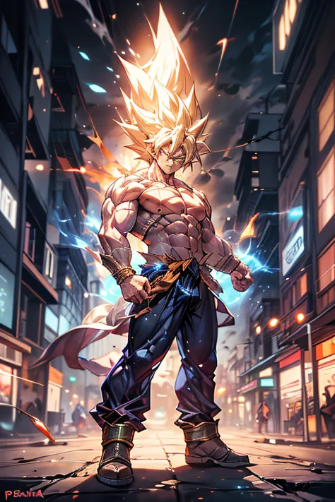 1 boy,((full body:1.2)),(stand),SAIYA,(looking at viewer),(white eye:1.2),super saiyan,(glowing hair:1.2),(urban setting:1.3),(m...