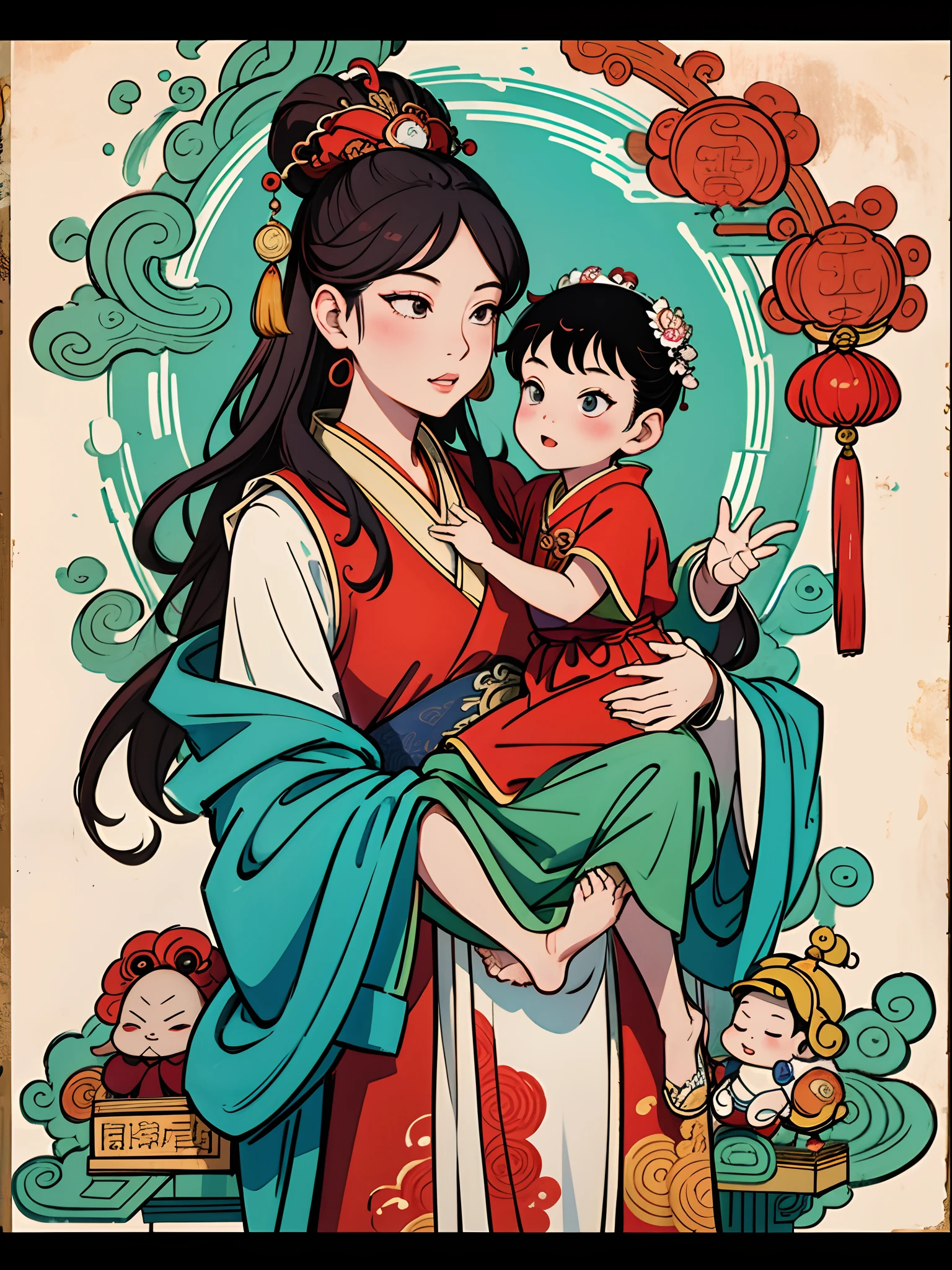 a drawing of a beautiful woman holding a child in her arms, guanyin, guanyin of the southern seas, The baby wore a red royal robe, by Chen Jiru, by Wen Boren, chinese ink and wash painting, by Wang Lü, ancient chinese goddess, by Qu Leilei, chinese brush pen illustration, inspired by Zhang Zeduan, inspired by Kaigetsudō Anchi, Rosary Handle, The eyes are on the camera,