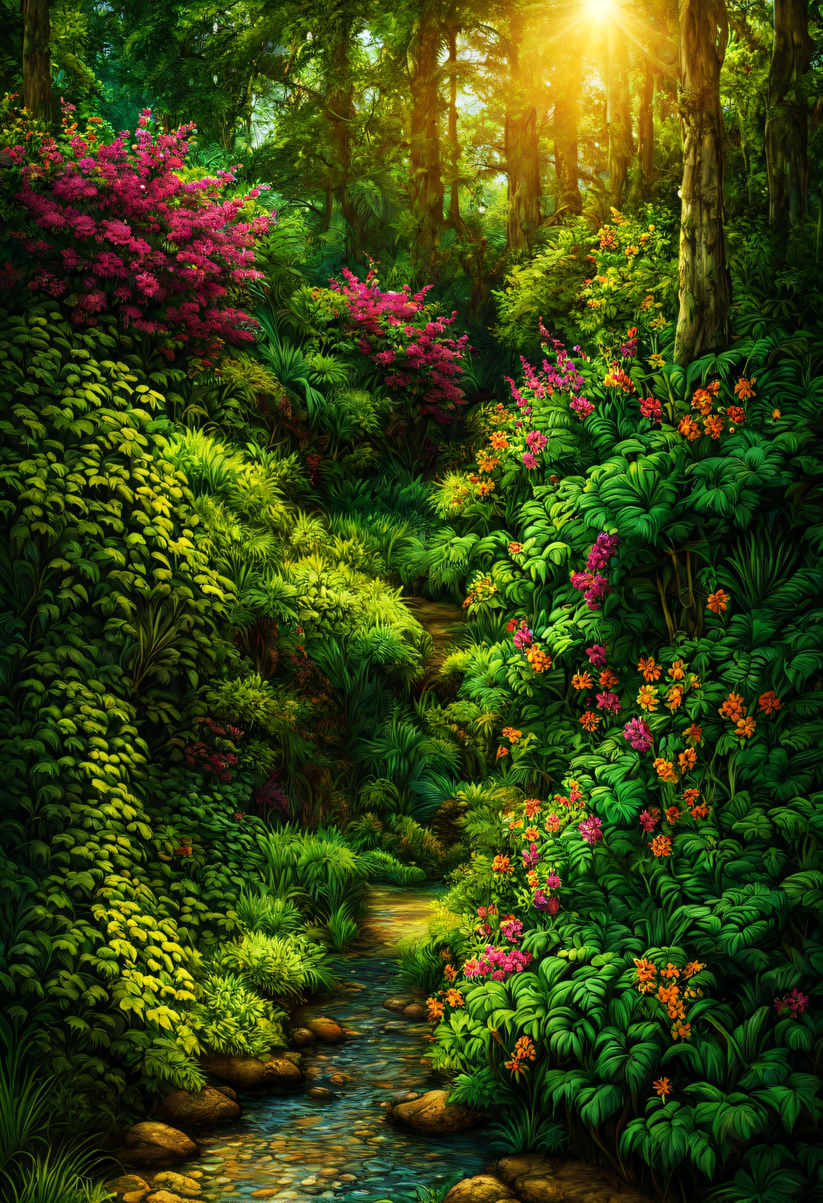 (best quality,4k,highres:1.2),ultra-detailed,(realistic,photorealistic:1.37),lush green jungle,tropical paradise,exotic atmosphere,vibrant colors,blossoming flowers,thick foliage,wild vines,hanging branches,majestic trees,mysterious shadows,magical sunlight,fairy-tale ambiance,serene and tranquil setting,nature's masterpiece,beautifully adorned bottle,overgrown with colorful flowers,blending into the surroundings,harmony between man-made and nature,contrast between fragility and strength,unexpected encounter,hidden treasure in the wilderness,untouched beauty,whisper of ancient secrets。