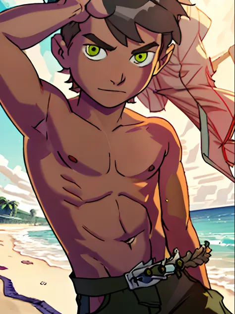 Highres, Masterpiece, Best quality at best,Best Quality, 1boy, bentennyson, green eyes, cargo pants, watch, (shirtless, topless, bare chest), close-up the body, upper body, the day, summer, (armpit)