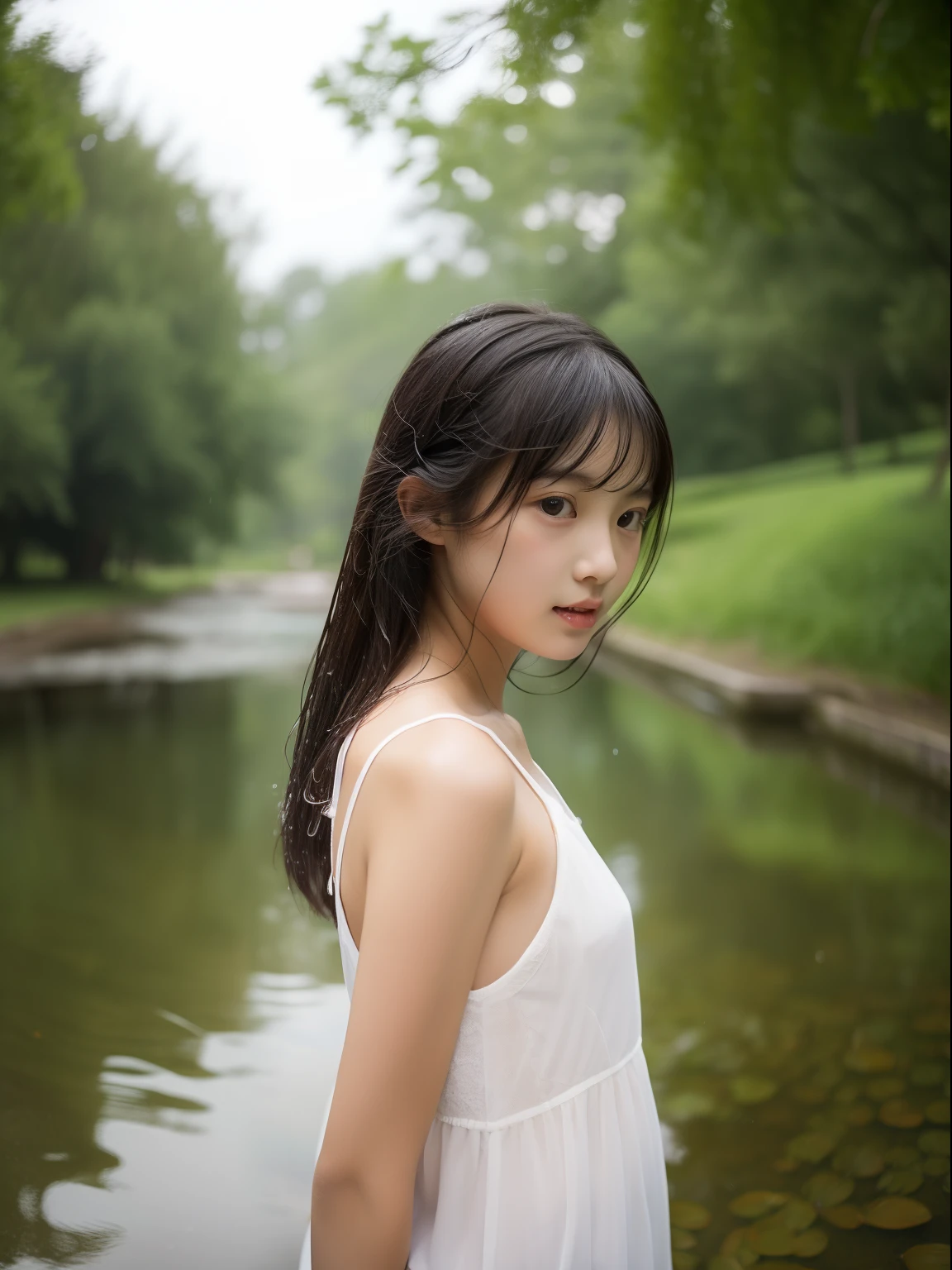 Beautuful Women、12year old 、Half body shot、perspiring、the body gets wet