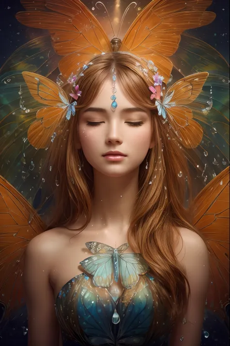 closed eyes, high quality, highly detailed, 8K Ultra HD, butterfly made of water spray, In this enchanting artwork, the very ess...