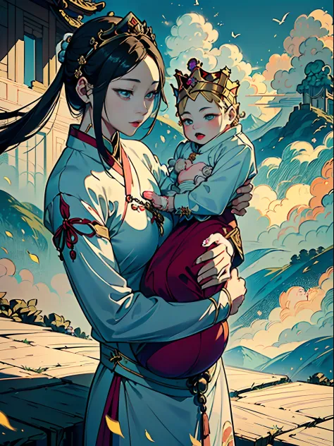 (masterpiece, top quality, guanyin bodhisattva，the beautiful 16-year-old chinese queen( holds a baby prince:2.0) wearing shaving...