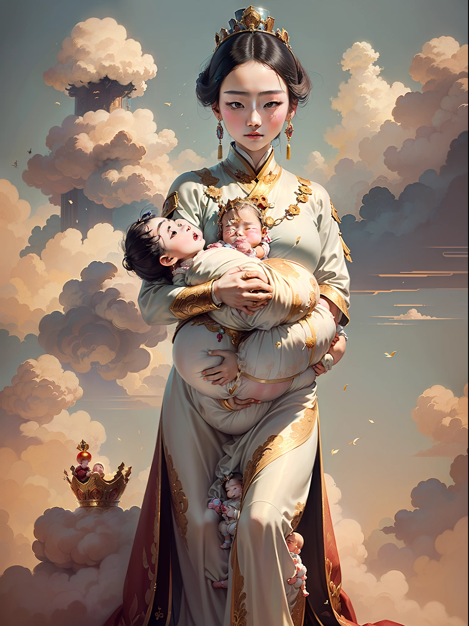 (masterpiece, top quality, The beautiful 16-year-old Chinese queen( holds a baby prince:2.0) wearing shavings in her arms, Straight eyes, radiating a brilliant aura, Rosary handle, Crown Team, (Systemic: 2.0), Stand in the cloud, full body