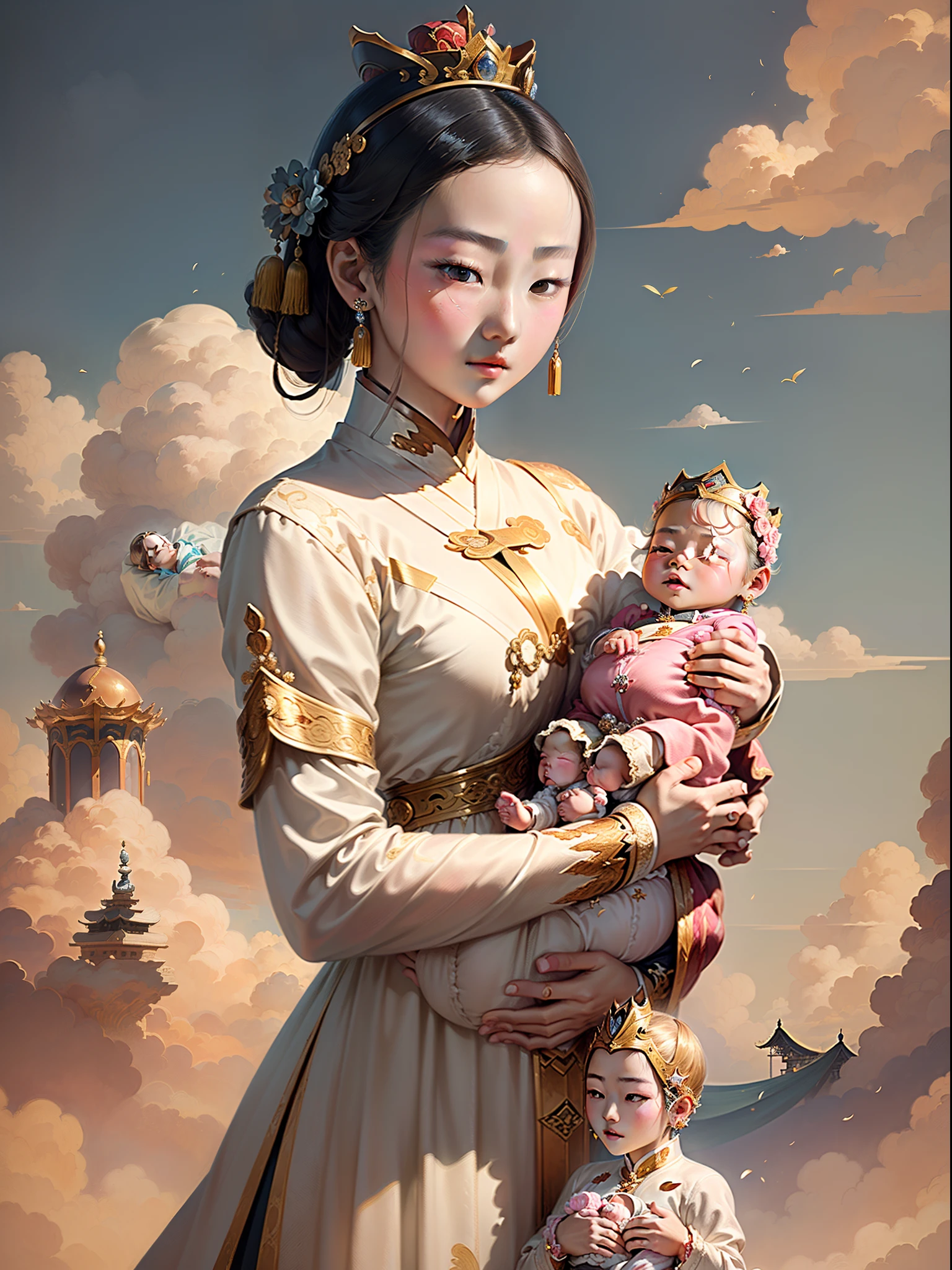 (masterpiece, top quality, The beautiful 16-year-old Chinese queen( holds a baby prince:2.0) wearing shavings in her arms, Straight eyes, radiating a brilliant aura, Rosary handle, Crown Team, (Systemic: 2.0), Stand in the cloud, full body