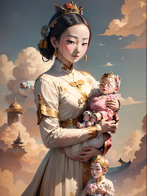 (masterpiece, top quality, the beautiful 16-year-old chinese queen( holds a baby prince:2.0) wearing shavings in her arms, strai...