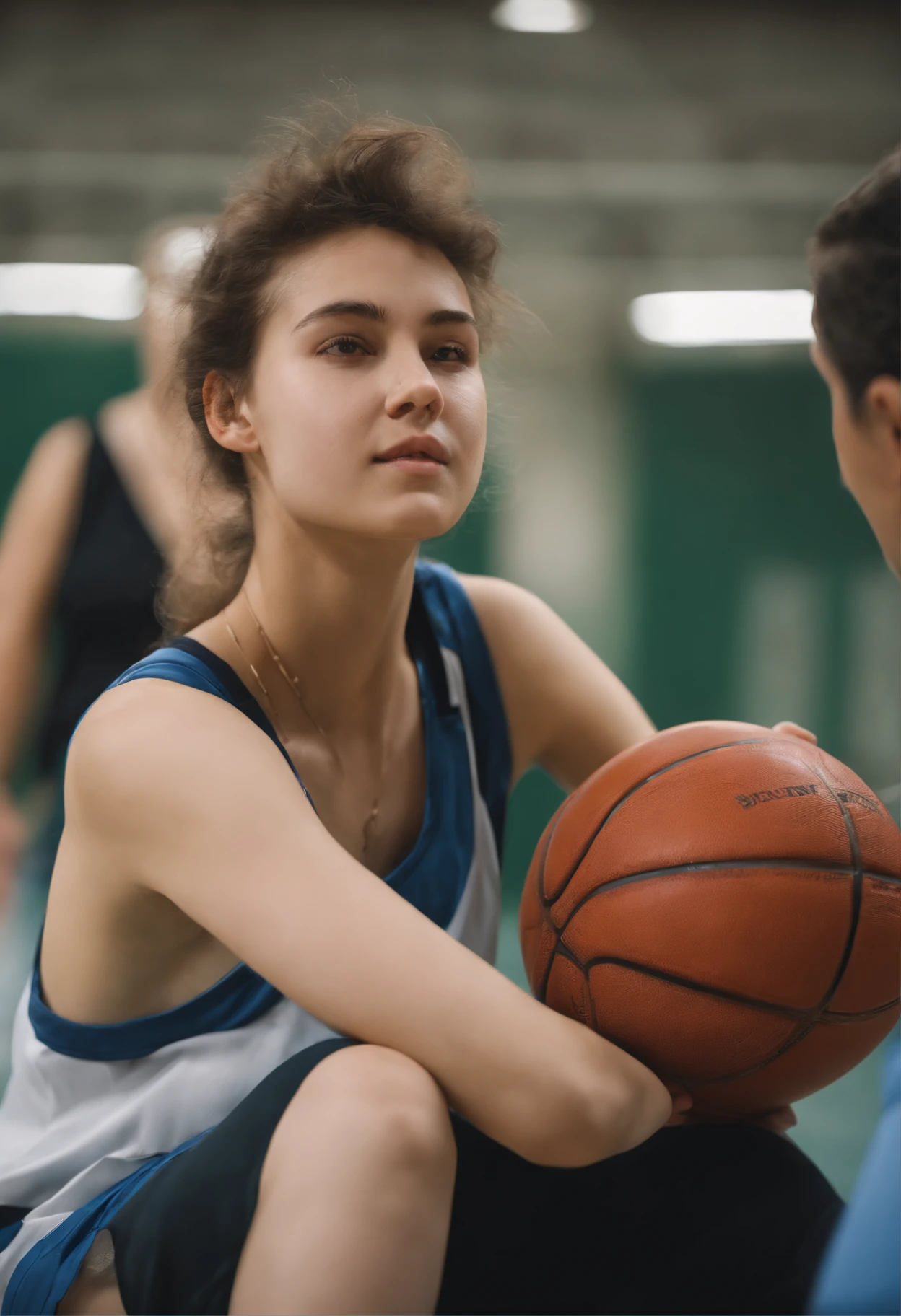 There is a woman sitting on the ground holding a basketball - SeaArt AI