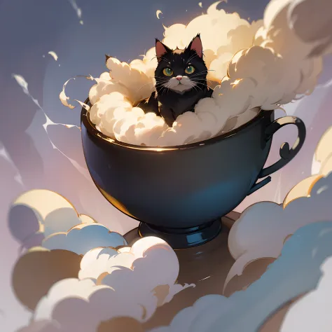 graphic arts、cat in a coffee cup、hight resolution、cloudy steam in the background