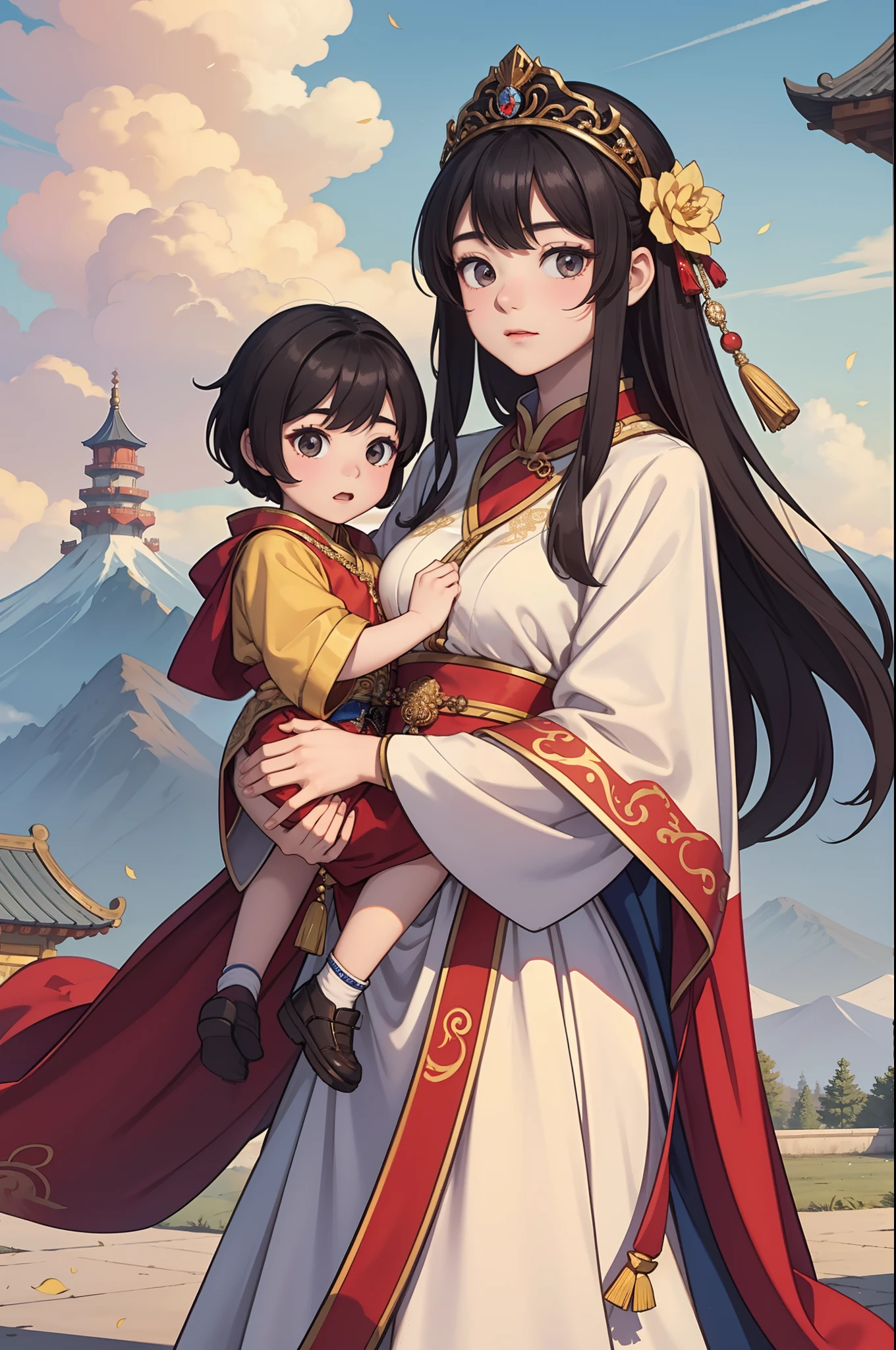 The beautiful 16-year-old Chinese queen holds a little prince wearing shavings in her arms, Walking, Straight eyes, radiating a brilliant aura, Rosary handle, Crown Team, (Systemic: 2.0), Stand in the cloud,