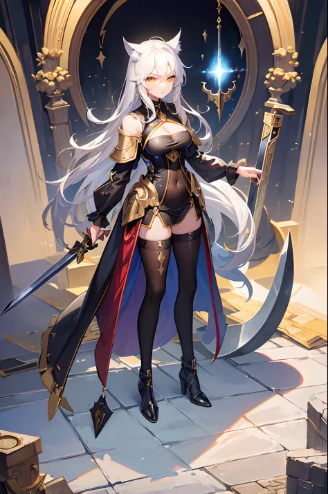 (Masterpiece, best quality, beautiful eyes, highly detailed, high res, anime), 1 girl, wolf ears, wolf tail, yellow eyes, grey hair, Inquisitor, knight, faith, full body, sword, small breasts, cleavage, angry, prideful, sexy, mature woman,