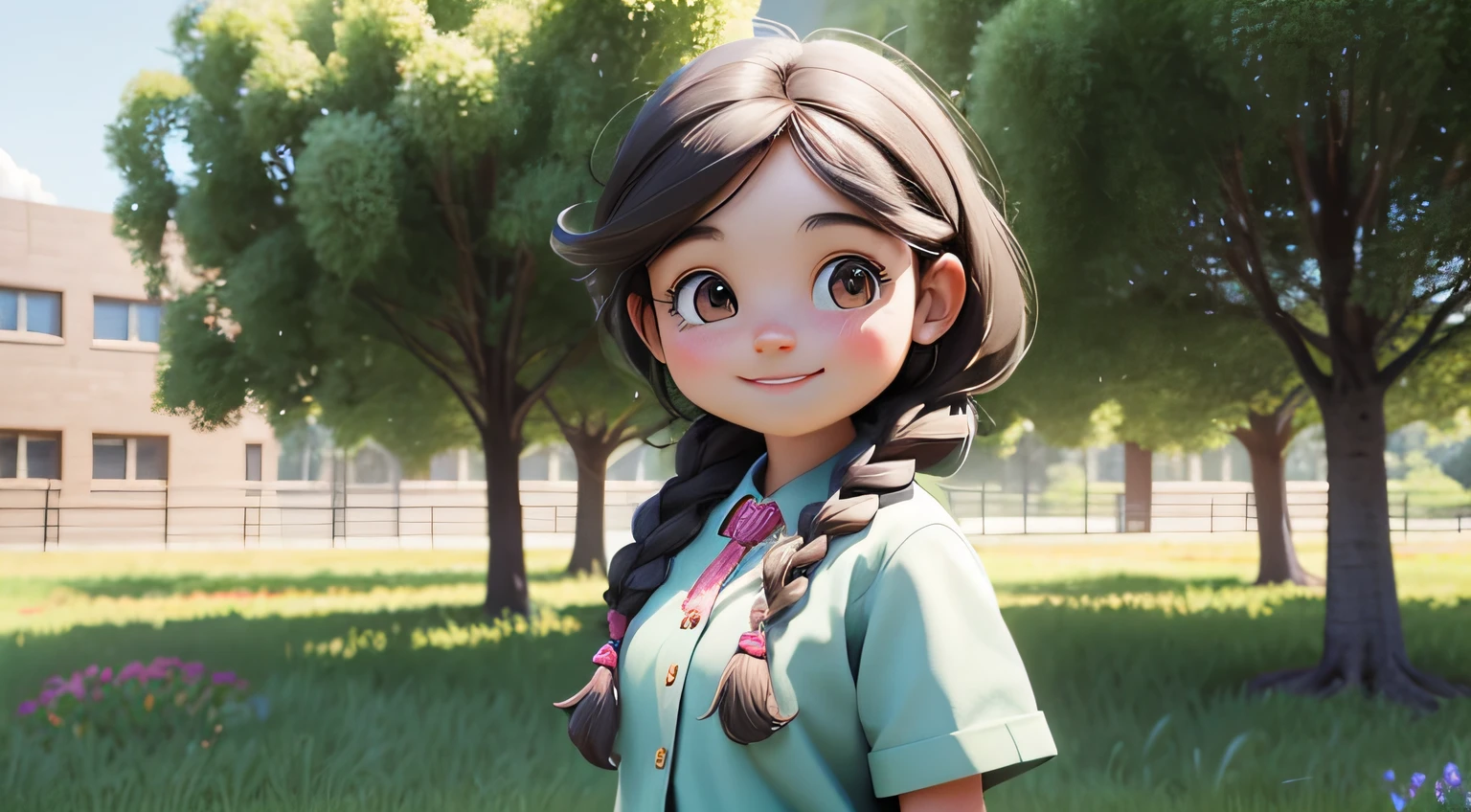 half-body view of a cute young schoolgirl in braids standing with a smile, background is full of trees, flowers, grasses and the school building and field, daytime, 3D pixar style, High-res