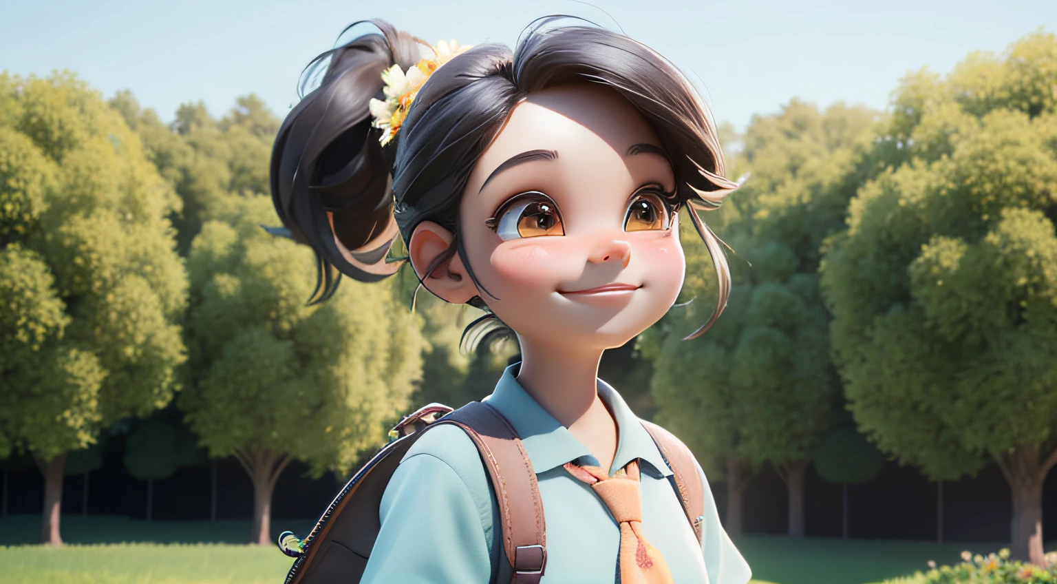 a close-up view of a cute young schoolgirl in ponytail standing with a smile, background is full of trees, flowers, grasses and the school building and field, daytime, 3D pixar style, High-res