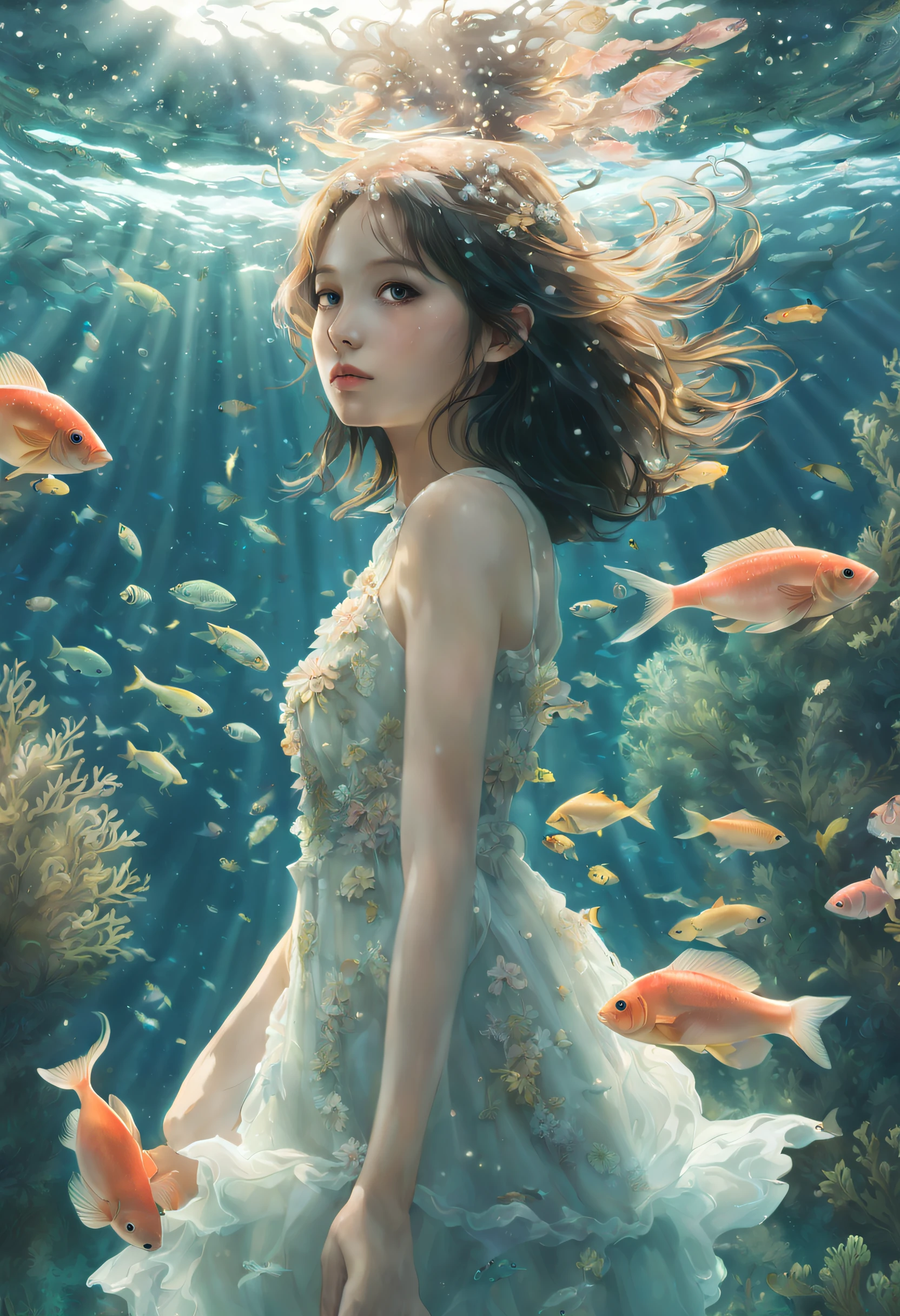 1girl,((underwater)),(beautiful detailed water),((coral)),dynamic angle,floating,(detailed light),floating hair,(splash),((fishes)),leaves dress,feather,nature,(sunlight),(underwater forest),(bloom),(detailed glow),drenched,seaweed,fish,(((Tyndall effect))),panorama,looking_at_viewer,eye-contact,