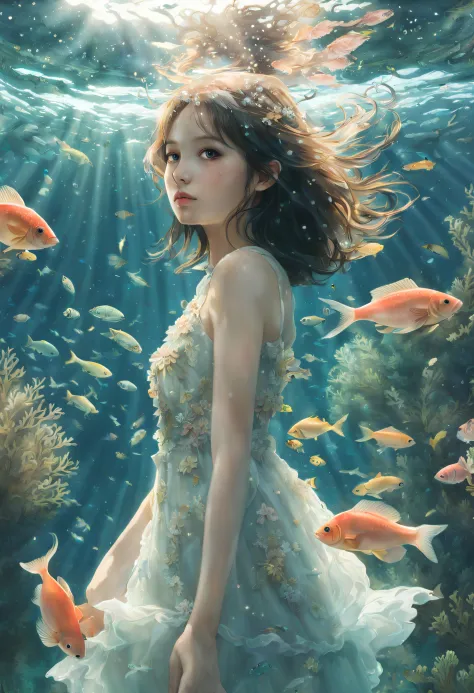 1girl,((underwater)),(beautiful detailed water),((coral)),dynamic angle,floating,(detailed light),floating hair,(splash),((fishe...