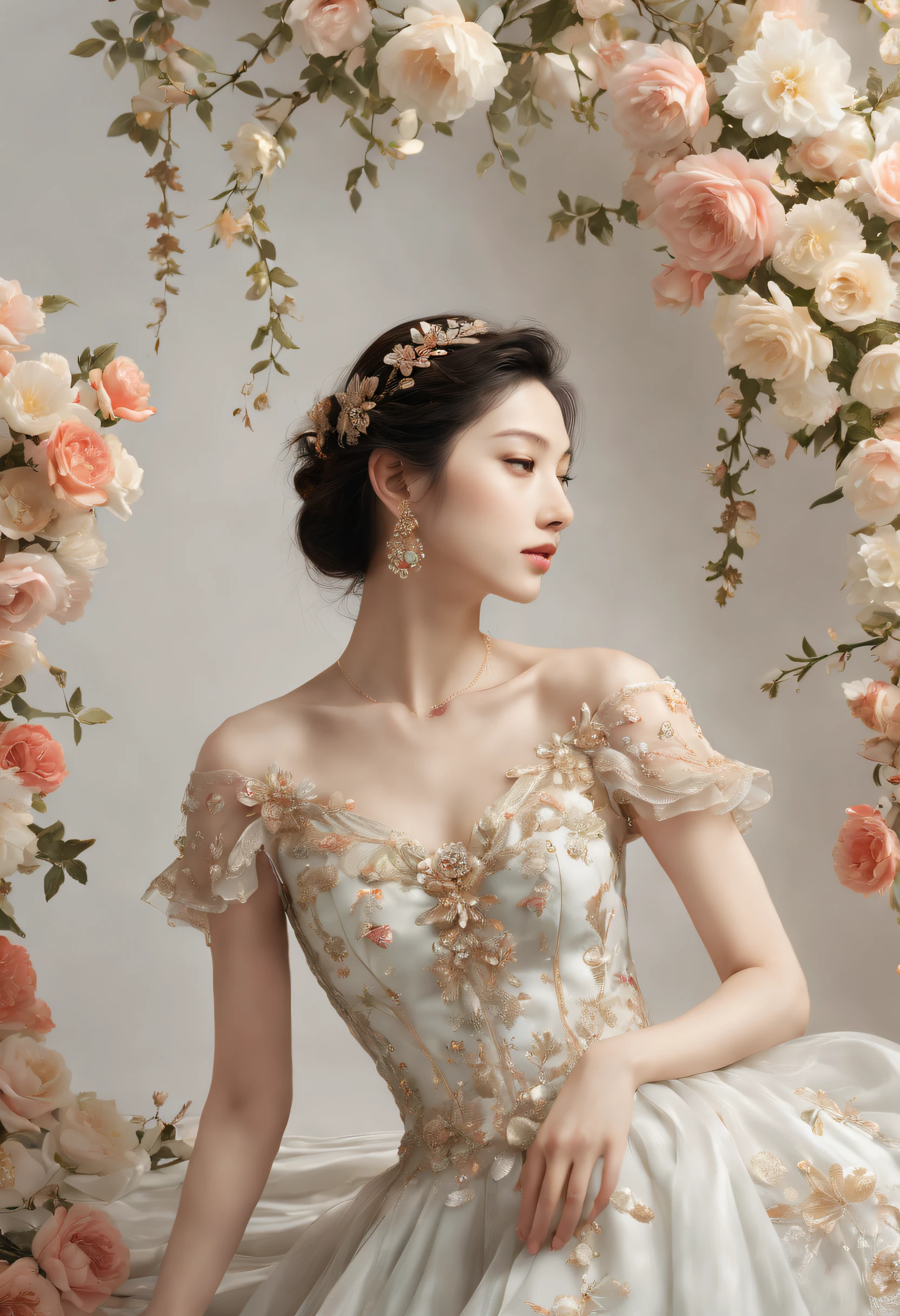 (Best quality,8K,A high resolution,Masterpiece:1.2),Ultra-detailed,(Realistic,Photorealistic,photo-realistic:1.37),Creative style artwork,Historical,classical,Sophisticated,plethora of colors,Highly detailed,Soft lighting,luxurious environment,detailed gown,Vibrant flowers,detailed jewellery,Ethereal atmosphere,Elegant Pose,Graceful curves,Gold body proportions，Flowing hair,Breathtaking textile patterns,Delicate floral decoration,A dazzling array of crystal accessories,Mysterious and dreamy atmosphere,Impeccable attention to detail