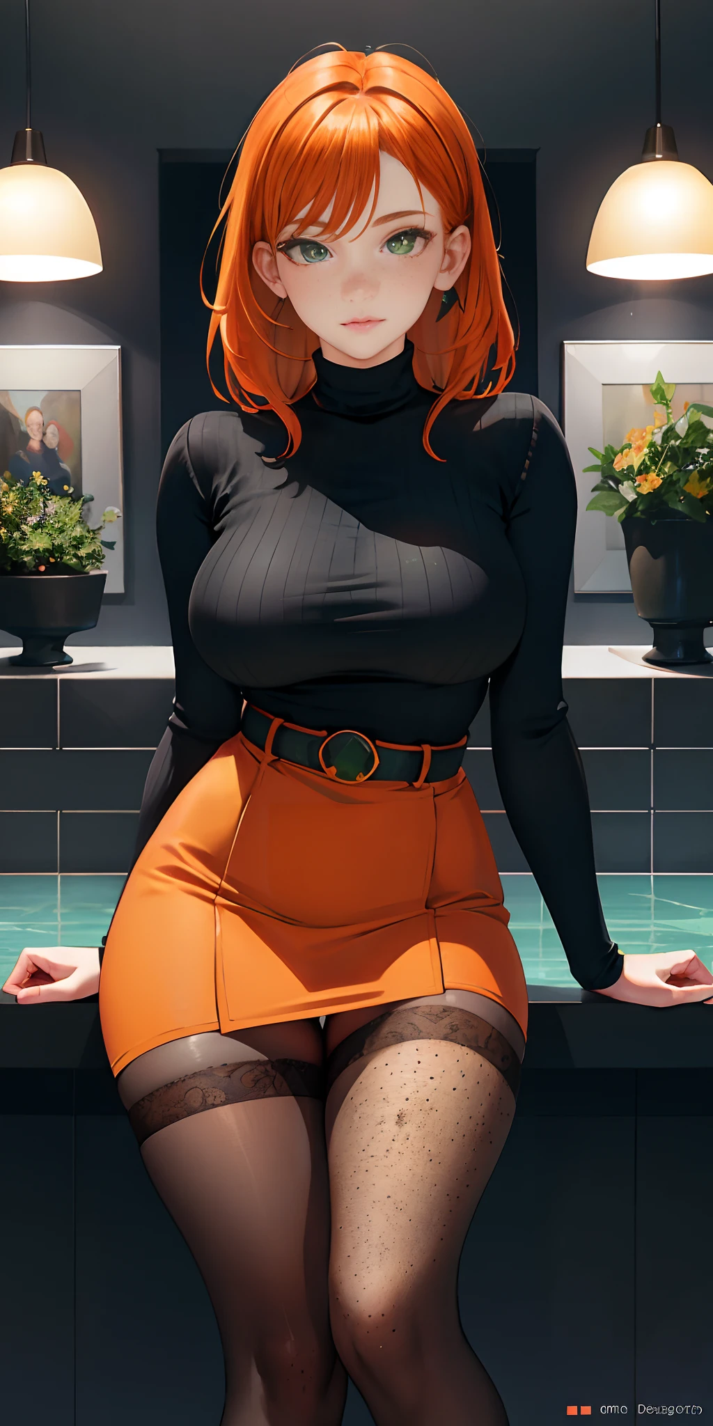 milf, masterpiece, best quality, ultra-detailed, beautiful lighting, 1girl, orange hair, green eyes, freckles, turtleneck, looking at viewer, detalized black stockings with a belt