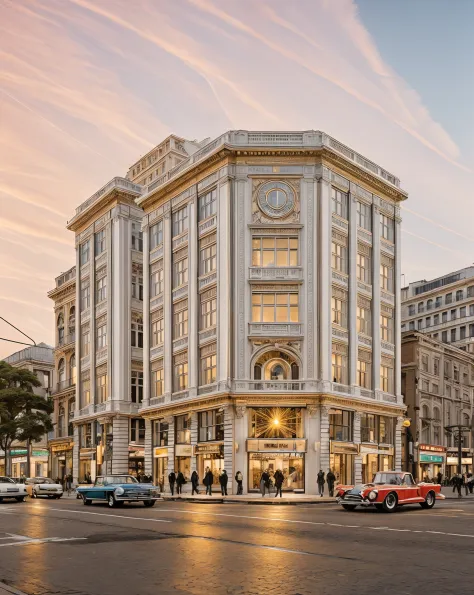 ((Best quality)), ((masterpiece)), ((realistic)), ((extremely complicated)), RAW photo, (classic street corner building, classic style), Produce an exceptional and hyperrealistic image that showcases a classic street corner building, exemplifying the timel...