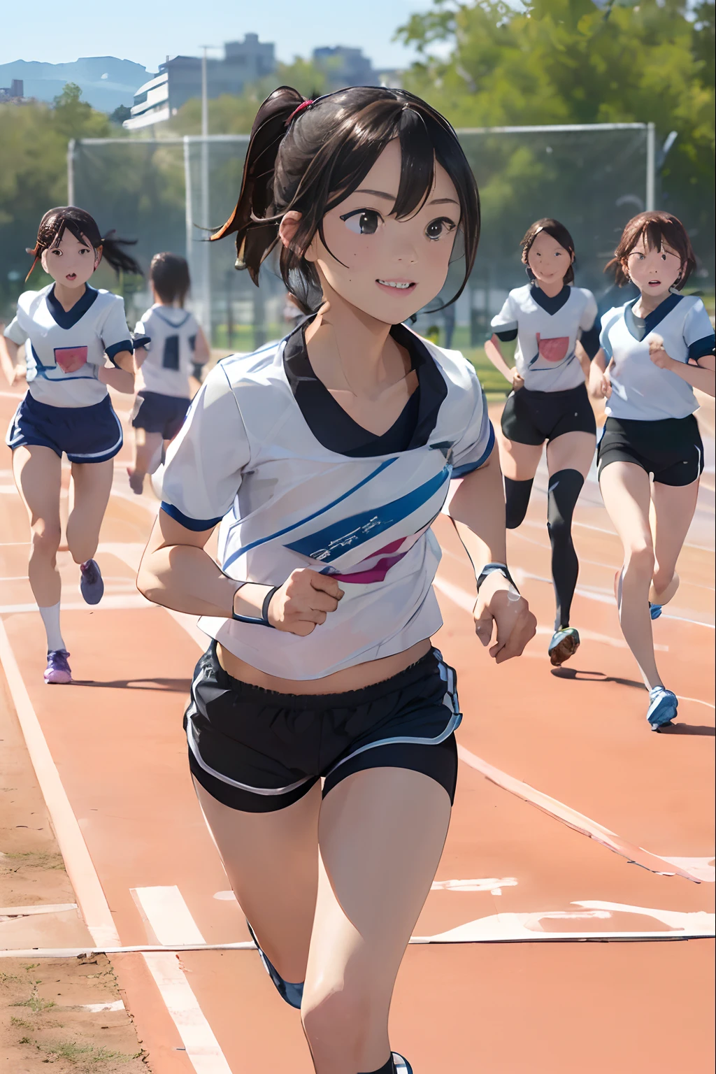 (in 8K, Best Quality, masterpiece:1.1, ultra detailed:1.2), ((realistic:1.3, photo realistic:1.5, dutch angle:1.2, NSFW)), ((1 running Girl:1.5)), ((Fine and beautiful black eyes:1.5)),(13yo),from the front,(((goal tape in front of her:1.5,Athletics at school ground:1.5,5 girls runners behind,sports day:1.2))),(simple gym clothes:1.5,short sleeve and shorts:1.5),short hair,happy smile:1.2,(outdoor:1.2),clearsky,