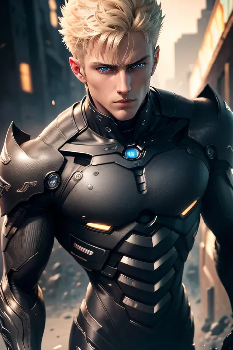 Full body scene Genos handsome man handsome face blond hair, black fire ...