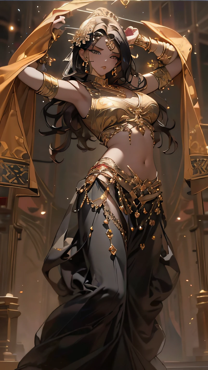 1female，gorgeous belly-dancer in jewelry-dress, shiny_gold_jewels_with_flower_shape_diamonds，（Background with：white marble castle with golden ornates）(DANCEING_POSE:1.5)， She has long dark hair，see bakc over shoulder, PERFORMING_DANCING_RITUAL,（masterpiece），（Very detailed CG unity 8K wallpaper），best qualtiy，cinmatic lighting，detailed back ground，beatiful detailed perfect symmetrical eyes，Bright pupils，green eyes，Snow-whiteskin，Redlip（Very fine and beautiful），（Beautiful and detailed eye description）(((SEDUCTIVE DACING POSE:1.5))) ((Seductive gaze:1,3)，ultra - detailed，masterpiece，looking at camera，A high resolution，ultra - detailed，revealing breasts，Bare genitalia， Bulge，legs are open，Raised sexy，（Wearing：Transparent white hanfu golden ornates, gold jewels，）