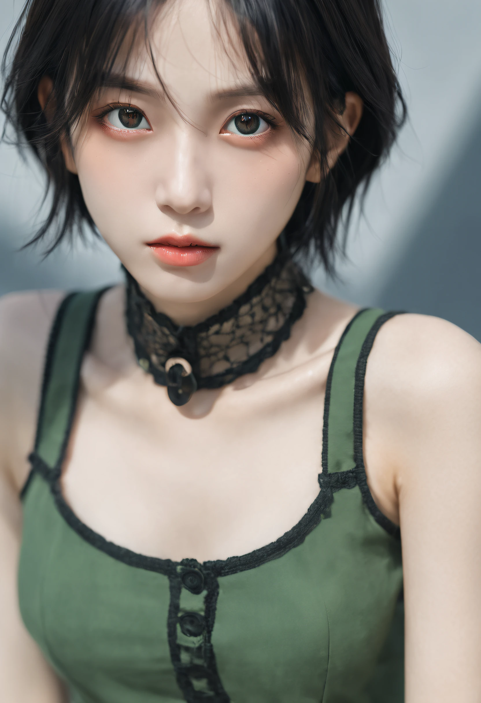 xxmixgirl,Female anime manga characters, in the style of haunting portraiture, dark green and light black, uncanny valley realism, gongbi, barbizon school, shiny eyes, multilayered realism