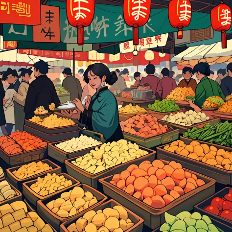 Lively market，Busy vendors，solid color backdrop，China-style