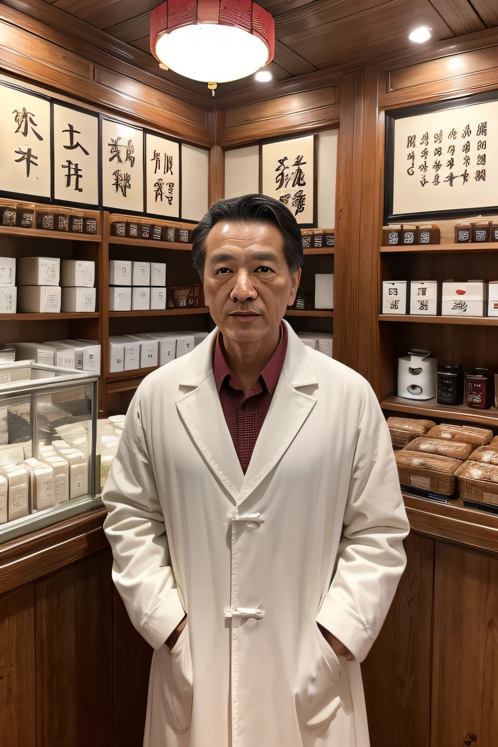 Chinese image，Real frontal photos，Authentic background，Inside a Chinese medicine store，Manteau blanc，Face full of wrinkles，TCM image，Wise eyes，male people