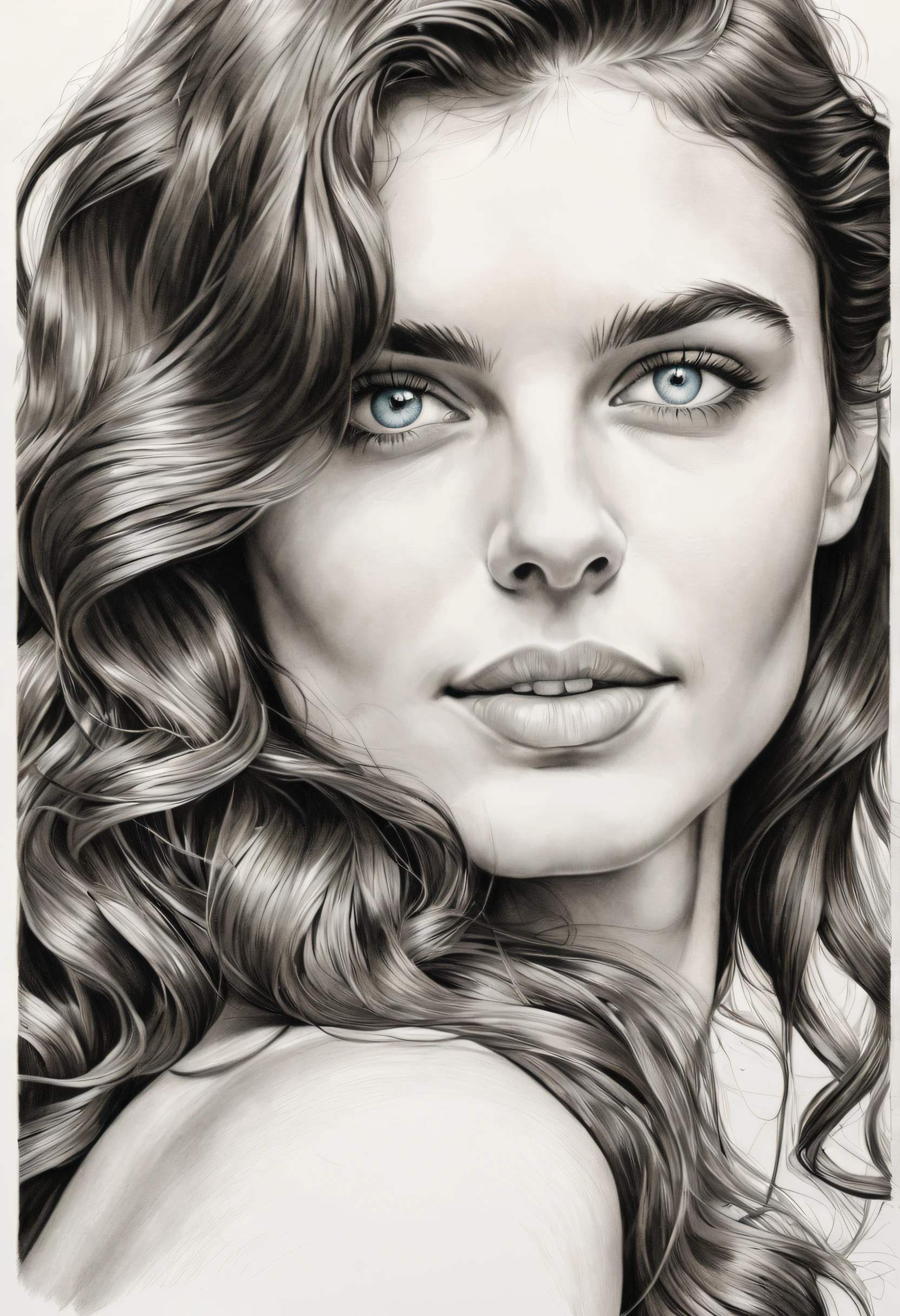 extreme close up, fountain pen drawing of a brunette woman with a gentle smile, lightly curled hair, well-defined eyebrows, beautiful [:light blue:15] eyes, intricate lines, highly detailed, b&w, monochromatic, (high contrast:1.1), white background