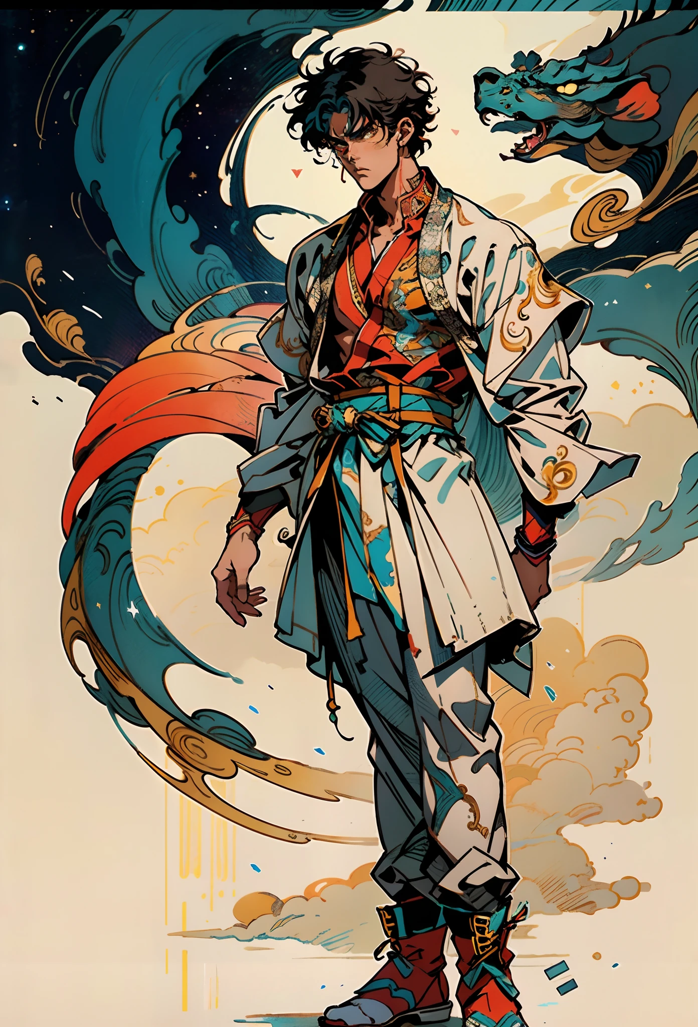 A young man with short aquamarine hair, sharp eyebrows, starry eyes, radiating a righteous aura, a two-piece fantasy wuxia-style outfit, featuring a traditional Chinese martial arts long gown, a wide overcoat, flowing sleeves, the color scheme is mainly red and white, with yellow as secondary colors, matching trousers, sturdy cloth boots, the background depicts a dreamy pattern of geometric symbols and stars, this character embodies a finely crafted fantasy-style Chinese martial hero in anime style, characterized by an exquisite and mature manga illustration art style, full body character drawing, high definition, best quality, highres, ultra-detailed, ultra-fine painting, extremely delicate, professional, anatomically correct, symmetrical face, extremely detailed eyes and face, high quality eyes, creativity, RAW photo, UHD, 8k, Natural light, cinematic lighting, masterpiece:1.5