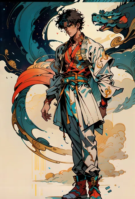 a young man with short aquamarine hair, sharp eyebrows, starry eyes, radiating a righteous aura, a two-piece fantasy wuxia-style...